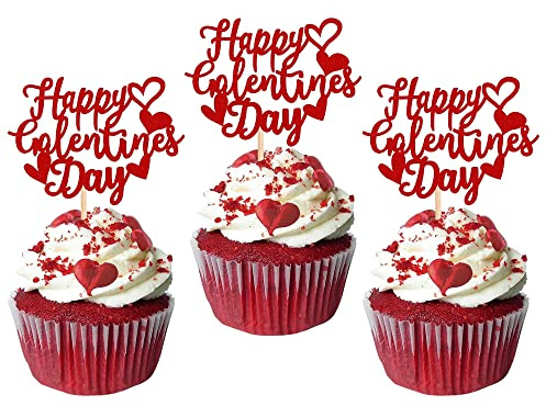 Xsstarmi Paquete de 36 adornos para cupcakes Happy Galentine's Day con purpurina roja, dulce amor, decoración de pasteles temáticos del día de San Valentín, suministros para decoración de pasteles