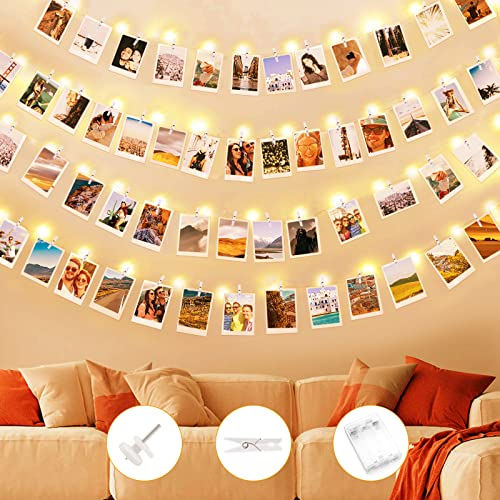 KEWUZY Fotowand für Zimmer Deko, 10M 100LED Fotoclips Lichterkette Mit 60 Klammern, Batteriebetriebene LED Foto Lichterkette für Wohnzimmer, Weihnachten, Hochzeiten