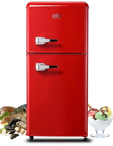 KRIB BLING 3.5 Cu.Ft Refrigerator 2 Door 7 Level Adjustable Thermostat Control Top-Freezer Refrigerator Lock Fresh Energy Saving Red