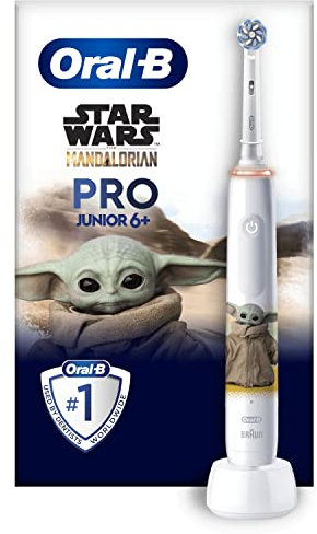 Oral-B Pro Junior Kids Electric Toothbrush, 1 Star Wars Mandalorian Handle, 1 Toothbrush Head, 3 Modes with Kid-Friendly Sensitive Mode, For Ages 6+, 2 Pin UK Plug