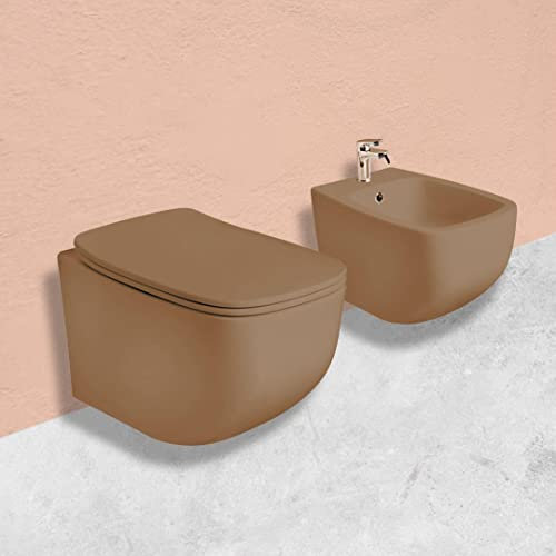 Kiamami Valentina - Coppia bidet e wc sospesi in ceramica color sabbia opaco Mozart
