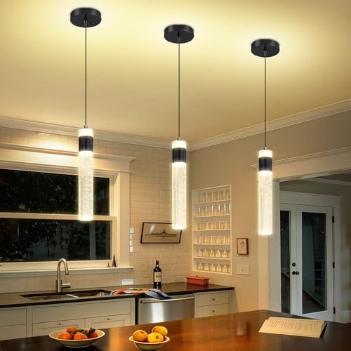 IDEQUY Modern Mini Crystal Pendant Light for Kitchen Island Bedroom Bedside Hanging Ceiling Lamp with Crystal Bubble Column, LED Dimmable 3000k-6000k Independent 1-Light Black