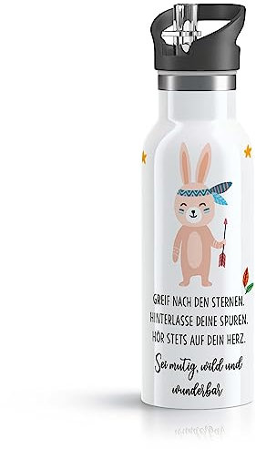 OWLBOOK® Edelstahl Kinder Trinkflasche Mädchen | Wasserflasche mit Strohhalm | 600 ml | Flasche BPA-frei | Spülmaschinenfest | Schule Schulanfang Geschenke zur Einschulung Mädchen | Hase