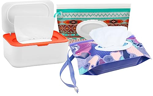 Feuchttücher Box, Feuchtuchspender mit 2 Stück Reisen Wieder Auffüllbar Feuchttücher Tasche,Wiederverwendbar Feuchttücherbox Wischtuchhalter Badezimmer Toilettenpapier Box(Weiß-Orange)
