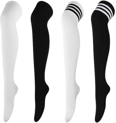 ZKGYUS 4 Paar Overknee-Oberschenkel-Socken, Kniestrümpfe Overknee Strümpfe Damen Lange Gestreifte Socken Thigh High Socks Beinwärmer Schenkel Socken für Mädchen
