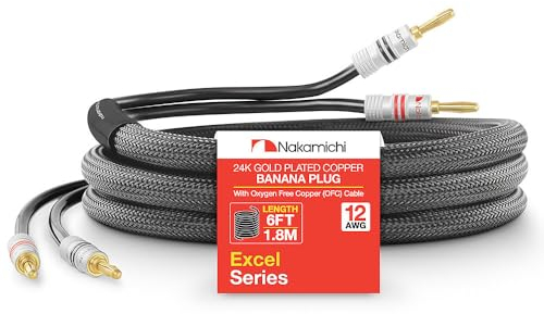 Nakamichi Excel Series Connettore a Banana Placcato in Oro 24k con Cavo degli Altoparlanti in Rame Senza Ossigeno al 99.9% (OFC) Intrecciato Robusto per Amplificatore Hi-Fi - Nero (12AWG / 6ft / 1.8m)