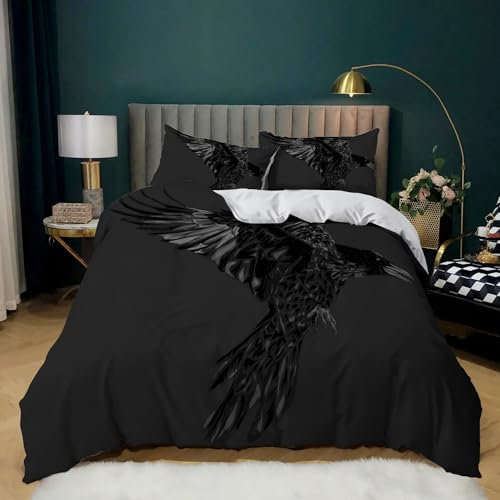 WHUOEUCO Microfaser Bettbezug Set schwarzes Krähenmuster 135 x 200 cm Bettwäsche Set Super weich bequem Doppelbett Bettbezug mit Reißverschluss und 2 Kissenbezüge
