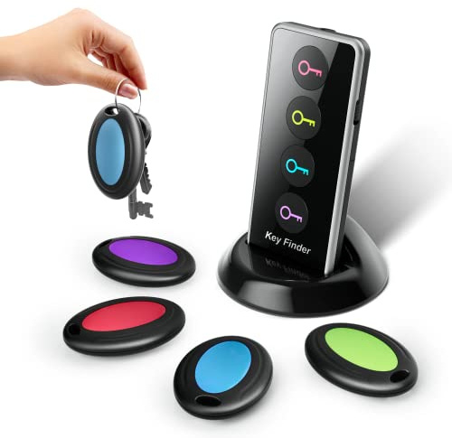BIGTRIDE Key Finder Locator with Sound, 100ft RF Item Tracker Tags with LED Light, 80dB+ Loud Beep Wireless Remote Finder for Keys, Wallets, TV Remotes, Phones – 4 Receivers, Easy for Seniors