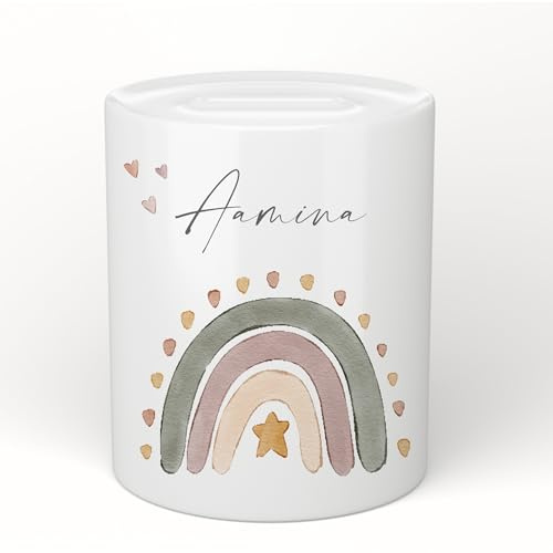 Manufaktur Liebevoll Personalisierte Kinder Spardose Regenbogen Namen Geldgeschenk Geburt Taufe Taufgeschenk Baby Geschenk Geburtstagsgeschenk Sparschwein Sparbüchse Keramik Mädchen (Motiv Regenbogen)