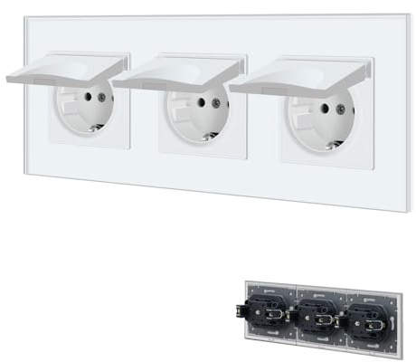 BSEED Enchufe de pared con Cubierta Impermeable,3 Gang Schuko Enchufe con abrazadera,Enchufe Empotrado con placa de cristal,Enchufe Empotrable de 16A,Blanco Enchufes de extensión adecuado para Baño