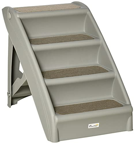 PawHut Escalera Plegable para Mascotas de 4 Peldaños 62x38x49,5 cm Gris | Escalón para Perros Gatos, Portátil, con Alfombras Antideslizantes, para Cama Sofá, Carga 20 kg