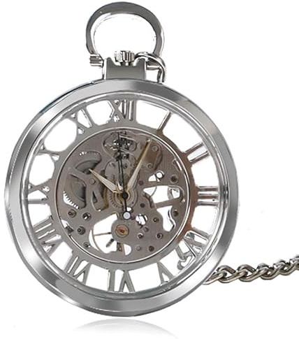 HIFFEY Transparente offenes Zifferblatt, hohles Skelett, mechanische Taschenuhr, Handaufzug, Vintage-Uhr, Geburtstagsgeschenk, mit Taschenkette(Silver Roman Numbers)