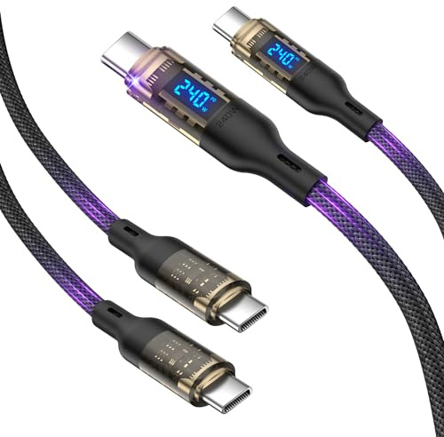 VisionSync Lot de 2 câbles USB C vers USB C 240W avec écran LED compatible avec charge rapide de 140W 100W pour MacBook Pro, lPhone16/15/15Pro/15ProMax, Galaxy S24/S23Ultra/S22, 1.2m-2paquet, noir