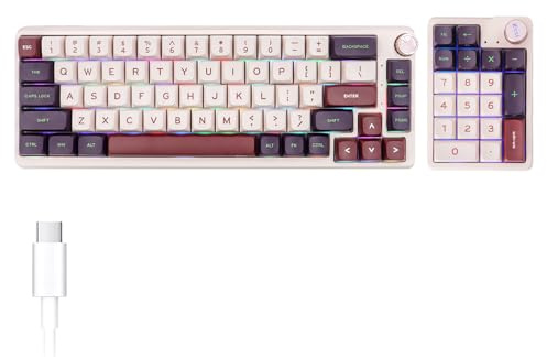 ELMWAY KZZI K68 PRO Mechanical Keyboard & K20 Numpad Kit – 65% Compact Wireless Keyboard Set, Triple Mode (BT×3/2.4G/USB-C), RGB Backlit, Hot-Swappable, US Layout – Pink Purple