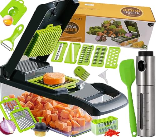 KRAPPS Cortador de Verdura | Mandolina de Cocina Profesional con Pulverizador Aceite y Spray Espatula Cocina | Cortador verduras | Picadora de Verduras | Mandolina Cocina | Vegetable Chopper