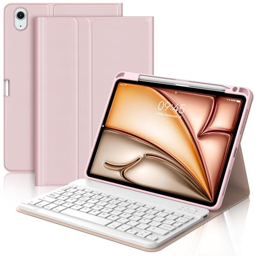 Funda con Teclado para iPad Air 11 Pulgadas(M3 2025, M2 2024), Teclado Bluetooth Inalámbrico con Funda Protectora Delgada y Ranura para Bolígrafo para iPad Air 10.9 Pulgadas(5ª/4ª Gen), Rosa