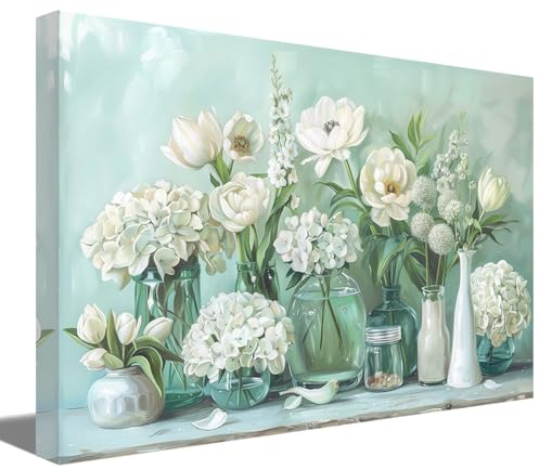 ZQQART Leinwandbild mit Blumenmotiv im Landhausstil für Badezimmer Bild mit Hortensienblüte groß weiß Blumen in Vase Kunstwerk für Wohnzimmer Küche Schlafzimmer Wanddekoration für Zuhause (30x45cm)