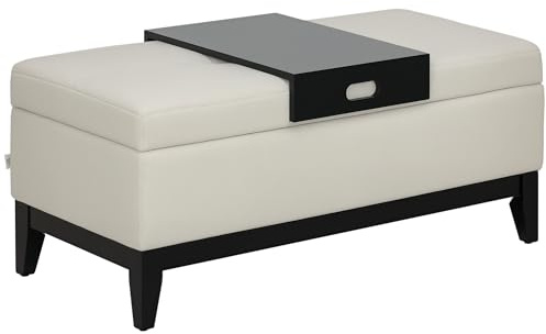 HOMCOM Sitzbank mit Stauraum, abnehmbarem Tablett Polsterbank mit Leinenoptik, Sitztruhe mit Holzbeine, Truhenbank für Wohnzimmer Schlafzimmer Flur 107 x 50 x 44 cm, Cremeweiß