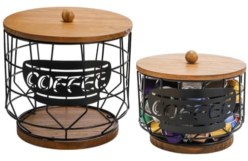 Yarlung 2 Pack Coffee Pod Holder with Lid, Large Capacity K Cup Holder with Rustic Wooden Base, Black Wire Coffee Storage Basket for Filters Capsules, Cafe Bar Organizer