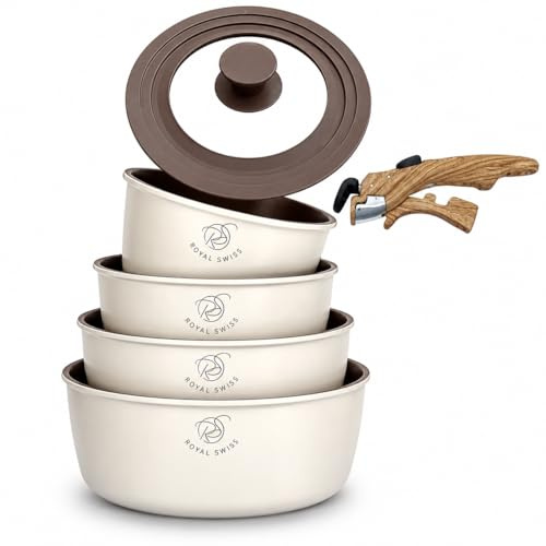 Royal Swiss Topfset mit Abnehmbarem Griff, 6 teilig 14/16/18/20 cm, Antihaftbeschichtetes Kochgeschirr Set mit Glasdeckel, Induktion Geeignet, Stapelbar, Platzsparend, Für Alle Herdarten, Beige