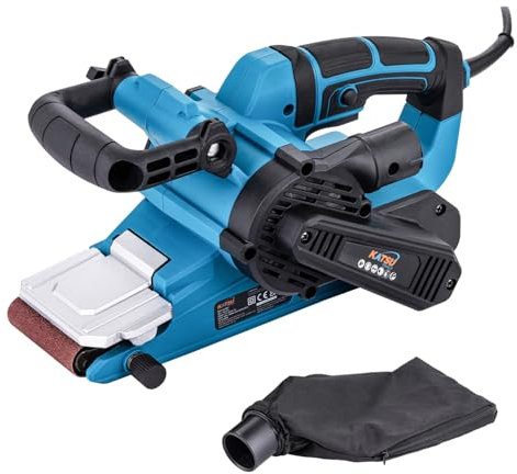 KATSU Bandschleifer 900W 76x533mm, 6 Geschwindigkeiten, Verstellbarer Frontgriff, Werkzeugloser Bandwechsel, Staubbeutel und P80 Schleifband Inklusive