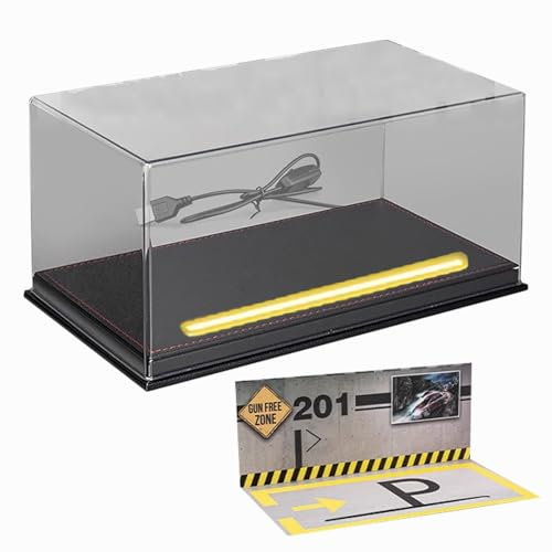 ZIMGOD Acryl Vitrine Acrylbox mit LED-Licht für Maßstab 1/24, Durchsichtiger Organizer mit Hintergrundplatte und USB-Kabel, Stapelbarer Sammlervitrine-Behälter zur Aufbewahrung von Figuren(Black)