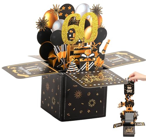 60 Geburtstagskarte, 3D Pop Up Karte Geburtstag, Schwarze Gold Karte zum 60. Geburtstag, Geburtstagskarten mit Umschlag, Happy Birthday Grußkarten für Mama Papa Familie Freunden