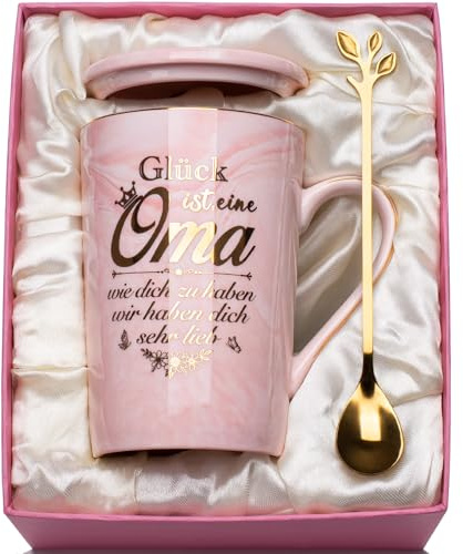 Oma Geschenk - Geschenk Oma Weihnachten, Om-a Geschen-k Geburtstag Tasse 400ml, Idee Om-a Geburtstagsgeschenk Marmor Keramiktasse mit Goldaufdruc, Deckel, Löffel, Geschenkbox