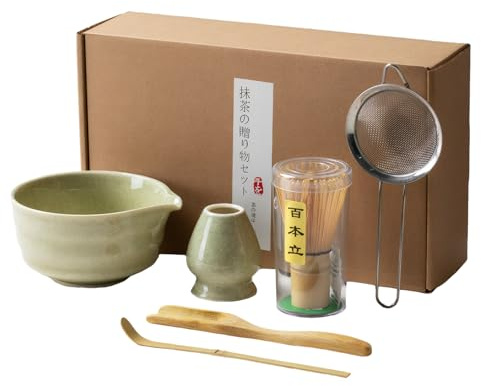 TOPCHANCES Juego de 6 piezas de matcha con cuenco de té, cepillo de matcha, tamiz, cuchara, cuchara pequeña y soporte de pala de cerámica (soporte de persecución), accesorios profesionales para