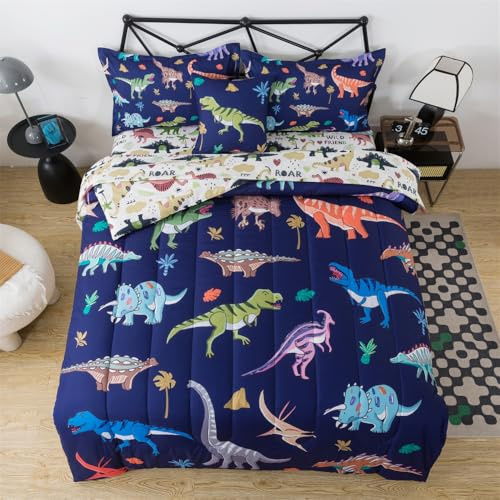lishjekee Wild Dinosaur Comforter Twin for Boys 6 Pieces Jungle Dinosaurs Bedding Set T-Rex Dino Bed in A Bag for Kids Cartoon Animal Comforter and Sheets Set Home Decor
