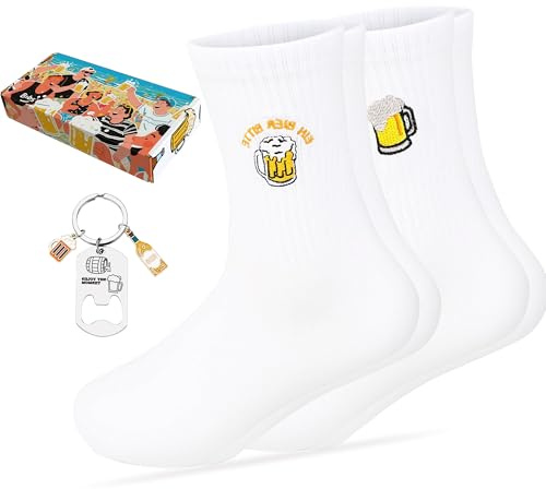 Dreaku 2 Paires Chaussette Biere et 1 Decapsuleur Porte Cle, Biere Cadeau Homme Original Chaussette Drole, Chaussettes Sport Fête des pères, Noël, Oktoberfest Cadeau