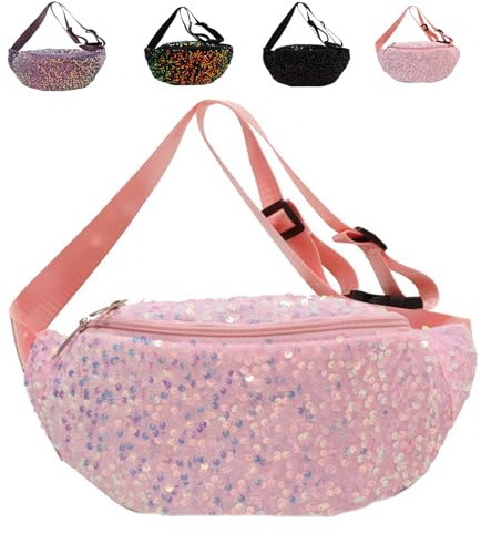 Bauchtasche Pailletten Damen Bauchtasche Verstellbarer Gurt Hüfttasche Brusttasche Glänzende Umhängetasche Stylisch Fanny Pack für Camping Sport Geldgürtel Laufen Wandern Training (Rosa)