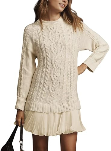 MINSURE Women Cable Knit Sweater Dress Crewneck Long Sleeve Pleated Mini Dress Twofer Style Patchwork Dress(Beige-S)