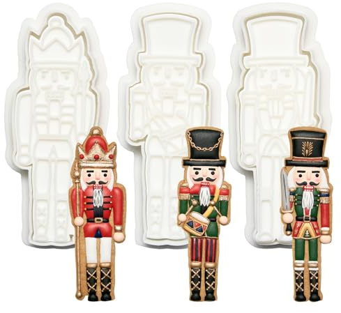 Flycalf Christmas Cookie Cutters Nutcracker Set of 3 with 3D Stamper Holiday Baking Accessories Cutter Molds Gifts for Kids Decorative Party 3.5 Kitchen Cake Supplies