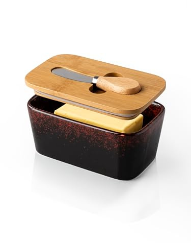HOME DECOR Beurrier émaillé réactif avec couvercle, beurrier français pour comptoir, gardien de beurre avec ligne d'eau pour beurre frais à tartiner