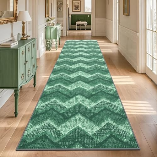TUKDAK Boho matta, löpare, hall, halkfri, 80 x 300 cm, grön, tvättbar gångmatta för hall, tvättbar kökslöpare, kort lugg, köksmatta, hallmatta, löpare, lång för vardagsrum, sovrum, korridor