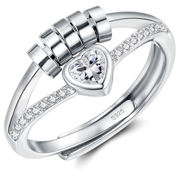 Zecimi Anxiety Rings, 925 Sterling Silver Fidget Fidget Ring with Beads | Open Heart / Star / Twist Fidget Ring for Anxiety Women, Adjustable Thumb Rings with Zirconia, Stress Relief Gifts for Girls