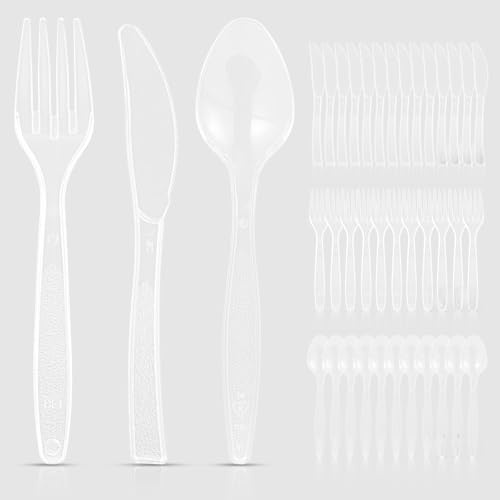 Plastikbesteck, 200 Stück Plastikbesteck Set, Wiederverwendbar Party Besteck Enthalten Plastikgabeln Kunststofflöffel Plastik Messer Party Besteck Plastik für Partys Outdoor Abendessen (transparent)