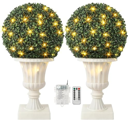 Aptliton Set of 2 Artificial Boxwood Balls with Integrated Lights 40 cm, Water- and UV-Resistant Boxwood Balls for Indoor and Outdoor Decoration, Stable Base, Ideal for Garden and Porch