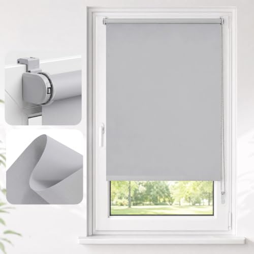 SALCAR Thermorollo ohne Bohren Klemmfix - Verdunkelungsrollo für Fenster & Tür, Seitenzugrollo mit 18mm Alurohr & Thermo-Beschichtung, Sonnenschutz Hitzeschutz Sichtschutz, Hellgrau, B 85 x H 130 cm
