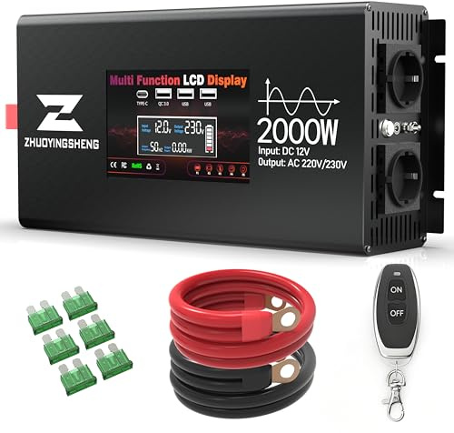 ZYS 2000W Sinus Wechselrichter 12V auf 230V, Spannungswandler mit Spitzenleistung 4000W, EU-Steckdosen, Fernbedienung, USB/Type-C & LED-Anzeige, für Wohnmobil, Kfz, LKW & Camping