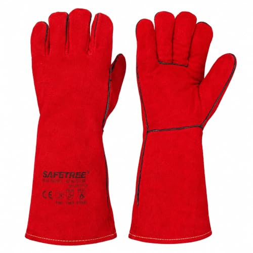 SAFETREE Guantes de soldar de piel de vacuno, talla 10 (XL), 35 cm de largo, resistentes al calor, según EN 12477 tipo A y EN 407, guantes de protección profesional para soldadura, chimenea y parrilla
