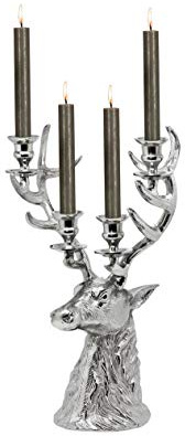 EDZARD Kerzenleuchter Hirsch Richard (H 43 cm), Silber-Optik, Stabkerzen | Kerzenhalter für Stabkerzen und Tafelkerzen Ø 2,2 cm · Hirschfigur mit Geweih · Tischleuchter für Esstisch und Kamin