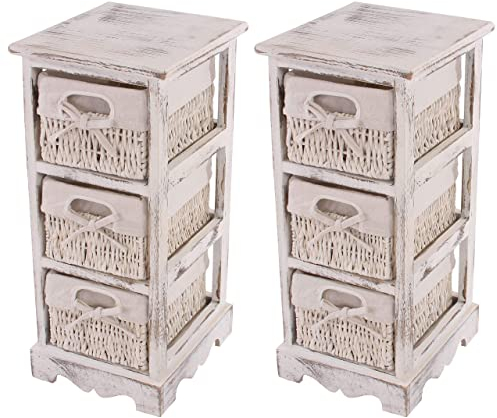 Mendler 2er-Set Regal Kommode mit 3 Korbschubladen 58x25x28cm, Shabby-Look, Vintage - weiß
