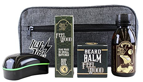 HEY JOE! Bearded Survival Kit Deluxe Nº 4 Feel Wood | Bartpflege Set für Männer Hochwertig [ Bartöl + Bart Balsam + Bartshampoo + Bartbürste ] - Geschenk Kulturbeutel Inklusive