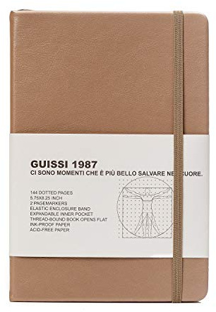 Guissi Classic Dotted Grid Bullet Notebook Journal Dot Hard Cover A5 Premium 80gsm Thick Acid-Free Paper with Fine Inner Pocket Faux Leather Office School Supplies 144 Pages Designed in Florence