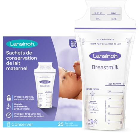 Lansinoh - Sachets Conservation Lait Maternel x25 - Pré-stérilisés - Double Zip Anti-Fuite - Congélation & Réchauffage - Sans BPA - Étiquettes & Graduation - Stockage sûr au frigo ou congélateur