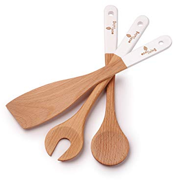 Eco Living Ensemble de couverts à salade de haute qualité écologique fabriqué en bois de hêtre durable, sans plastique, convient aux végétaliens, fabriqué en Europe.