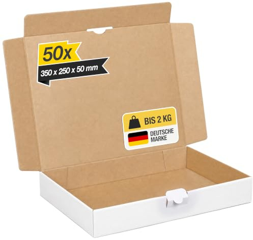 smiley pack Maxibriefkarton weiß – 50 Stück – 350x250x50 mm | stabiler Versandkarton mit Steckverschluss – für DHL Maxibrief, Warensendung & Büchersendung
