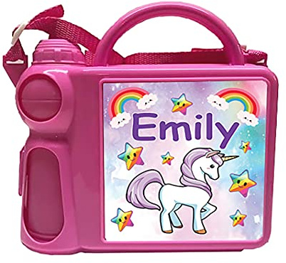 Personalised Unicorn Lunch Box & Water Bottle Set – Custom Name Plastic Snack Box & Drink Bottle for Girls – Back to School Gift Set – BPA-Free, Durable & Reusable – Ideal for Kids, Toddlers, Nursery